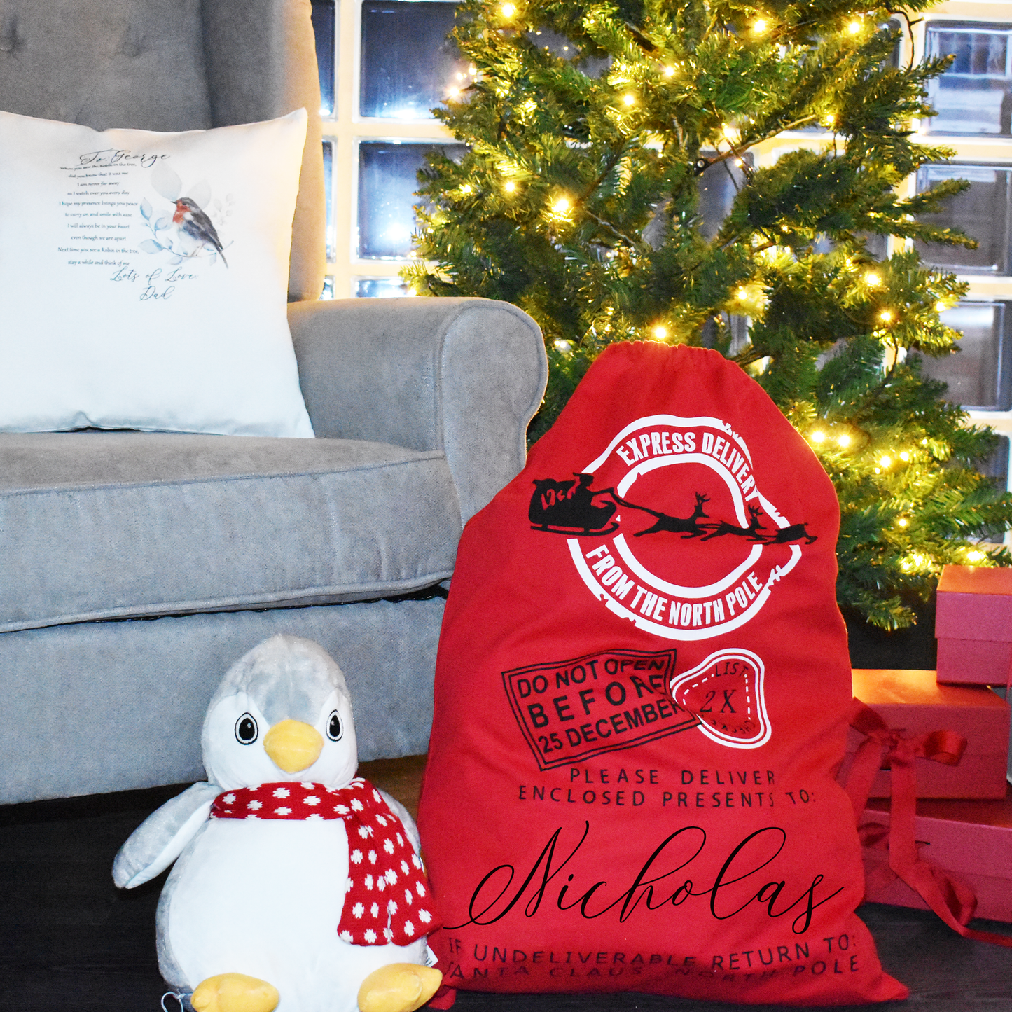 Personalised Santa Sack, Christmas Sack, Child's Kids Christmas Gift Sack, Cotton Santa Bag, Santa Toy Bag, Santa Toy Sack - Bijoux Lucy