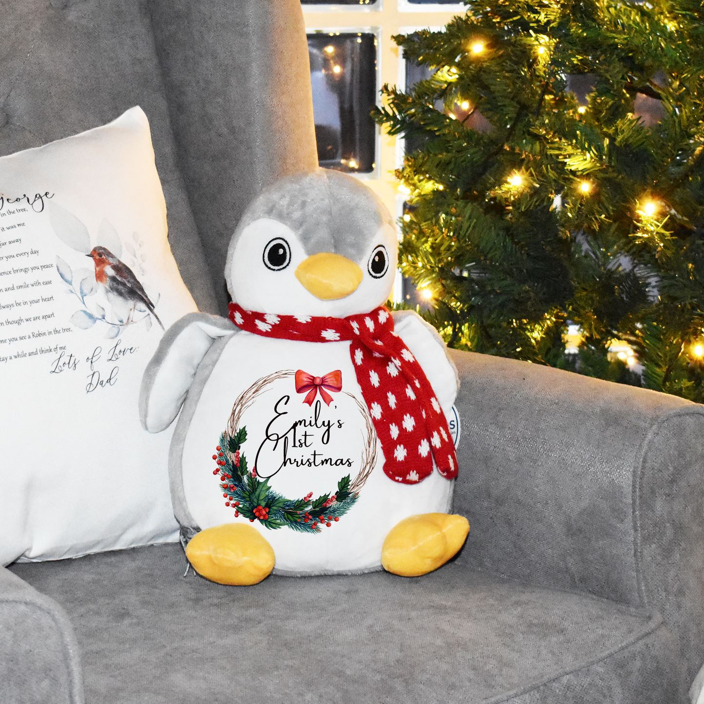 Personalised First Christmas Teddy, Baby 1st Christmas Gift, Penguin Soft Toy, Custom Cuddly Toy, Baby Stocking Fillers - Bijoux Lucy