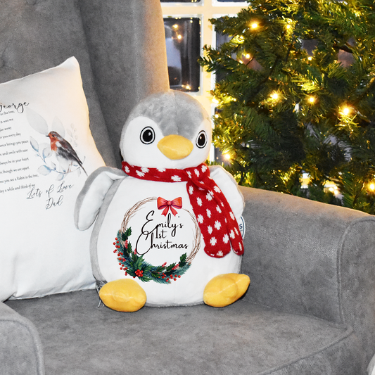 Personalised First Christmas Teddy, Baby 1st Christmas Gift, Penguin Soft Toy, Custom Cuddly Toy, Baby Stocking Fillers - Bijoux Lucy