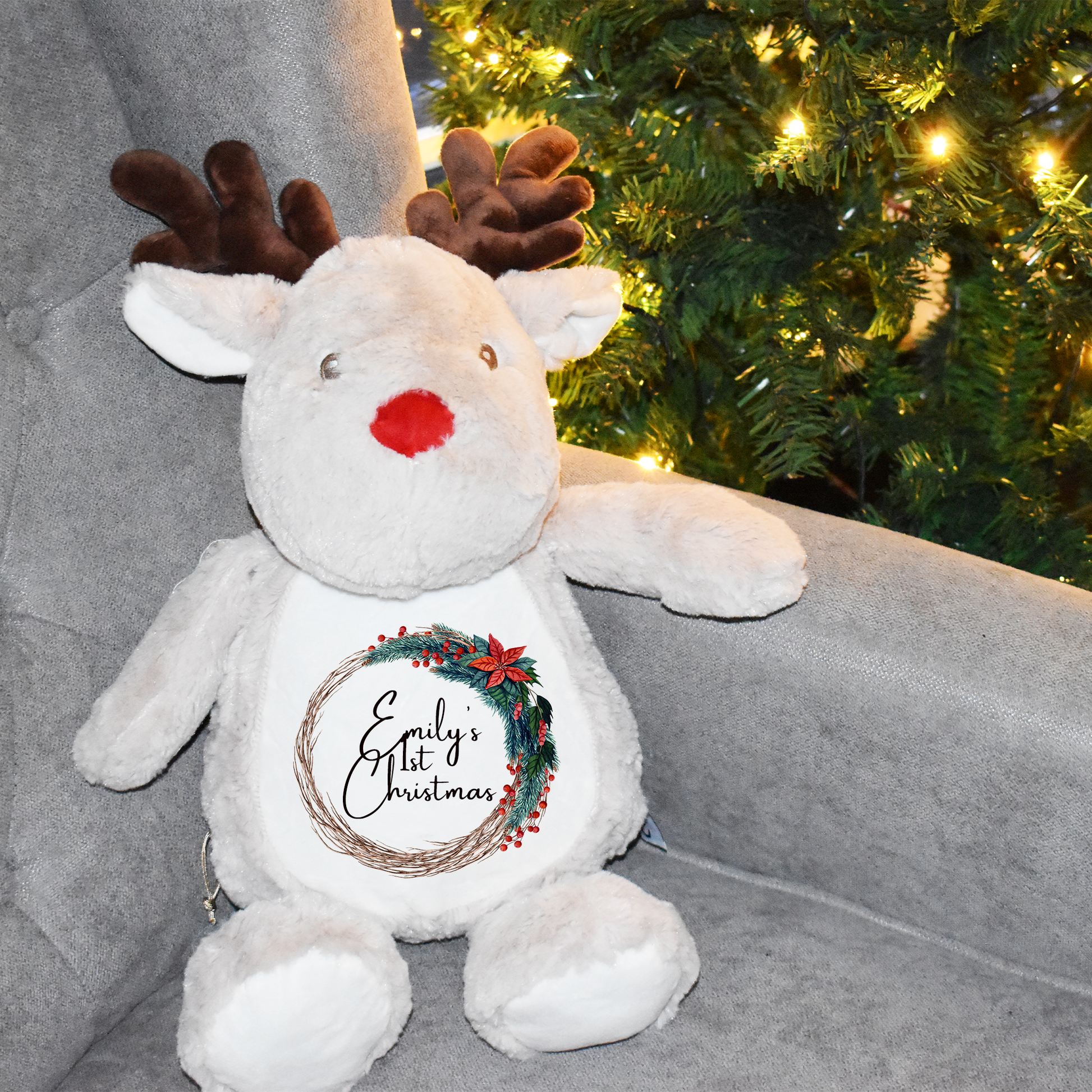 Personalised First Christmas Teddy, Baby 1st Christmas Gift, Reindeer Soft Toy, Custom Cuddly Toy, Baby Stocking Fillers - Bijoux Lucy