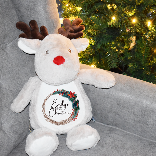 Personalised First Christmas Teddy, Baby 1st Christmas Gift, Reindeer Soft Toy, Custom Cuddly Toy, Baby Stocking Fillers - Bijoux Lucy
