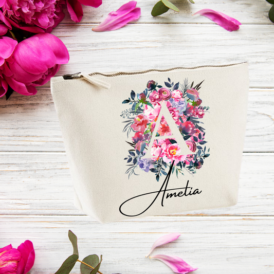 Personalised Initial Floral print Washbag, Medium size washbag for her, Perfect gift for her - Bijoux Lucy