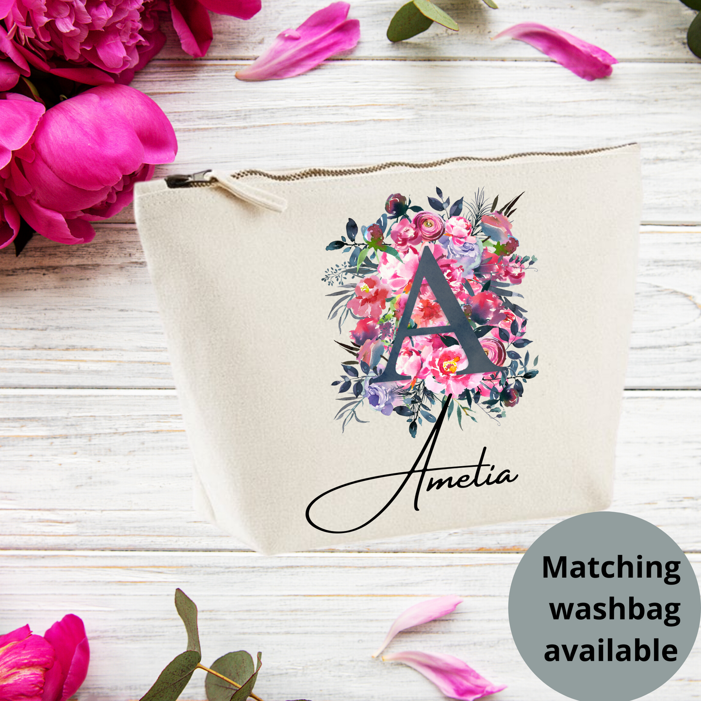 Personalised Grey Initial Floral print Washbag, Medium size washbag for her, Perfect gift for her - Bijoux Lucy