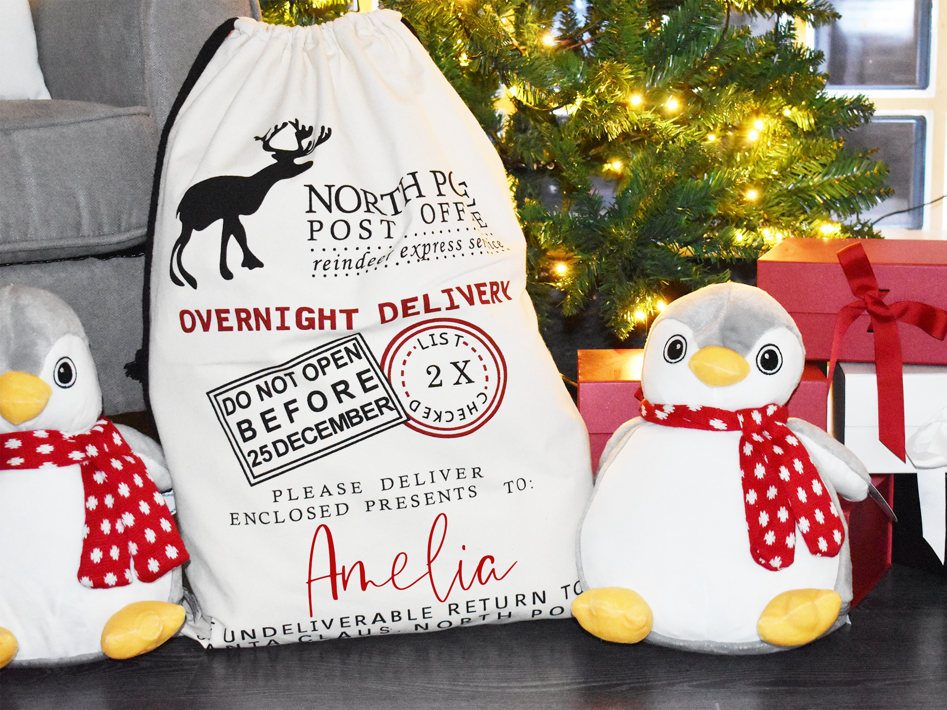 Personalised Santa Sack, Christmas Sack, Child's Kids Christmas Gift Sack, Cotton Santa Bag, Santa Toy Bag, Santa Toy Sack - Bijoux Lucy