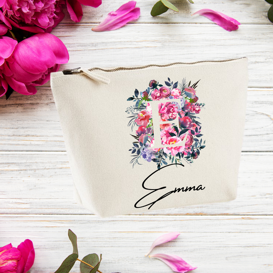 Personalised Initial Floral print Washbag, Medium size washbag for her, Perfect gift for her - Bijoux Lucy