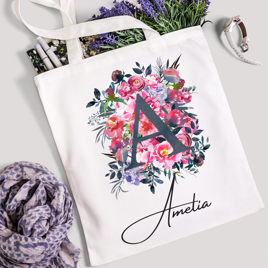 Personalised Grey Initial Floral Tote Bag,Custom gift, Gift for her,Personalised name gift for Daughter or Sister - Bijoux Lucy