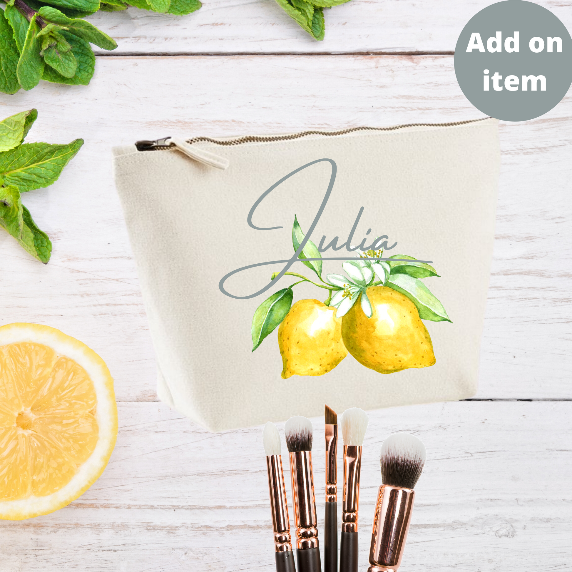 Personalised Lemon Print Jute Bag with front pocket - Bijoux Lucy