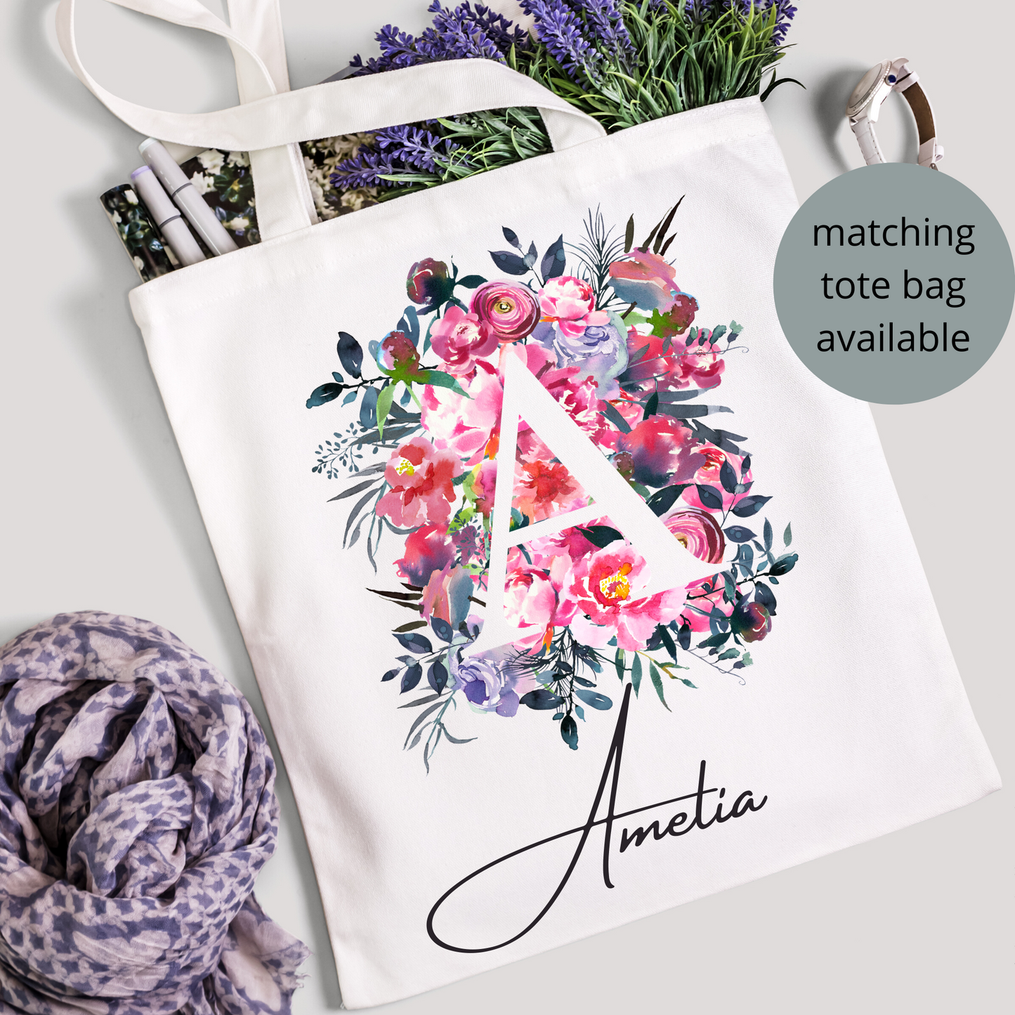 Personalised Initial Floral print Washbag, Medium size washbag for her, Perfect gift for her - Bijoux Lucy