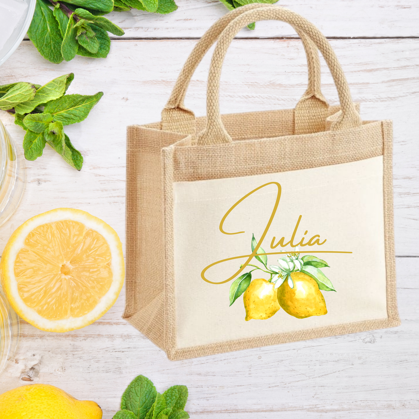 Personalised Lemon Print Jute Bag with front pocket - Bijoux Lucy