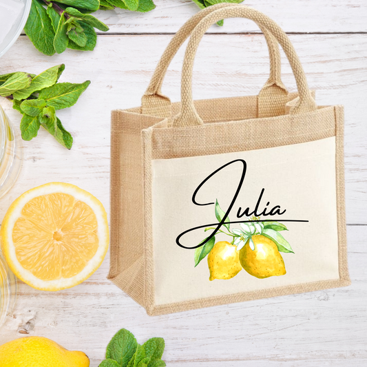 Personalised Lemon Print Jute Bag with front pocket - Bijoux Lucy