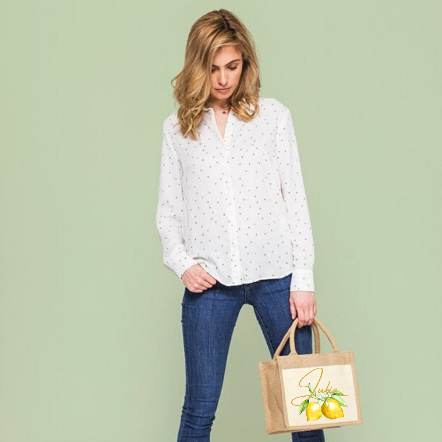 Personalised Lemon Print Jute Bag with front pocket - Bijoux Lucy