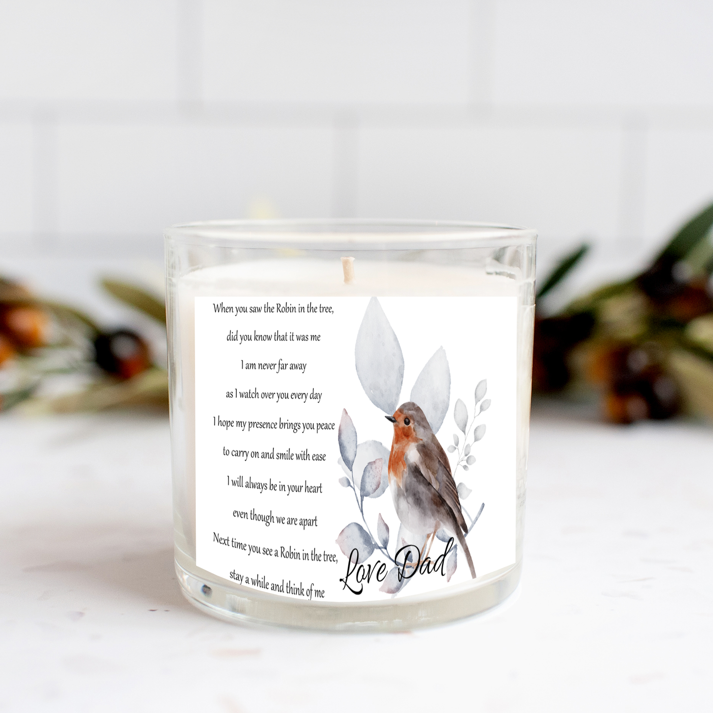 Christmas Day Memorial Candle, Robin Poem, Loved one Candle, Gift in Memory of Dad, Remembrance gift, Memory Gift - Bijoux Lucy