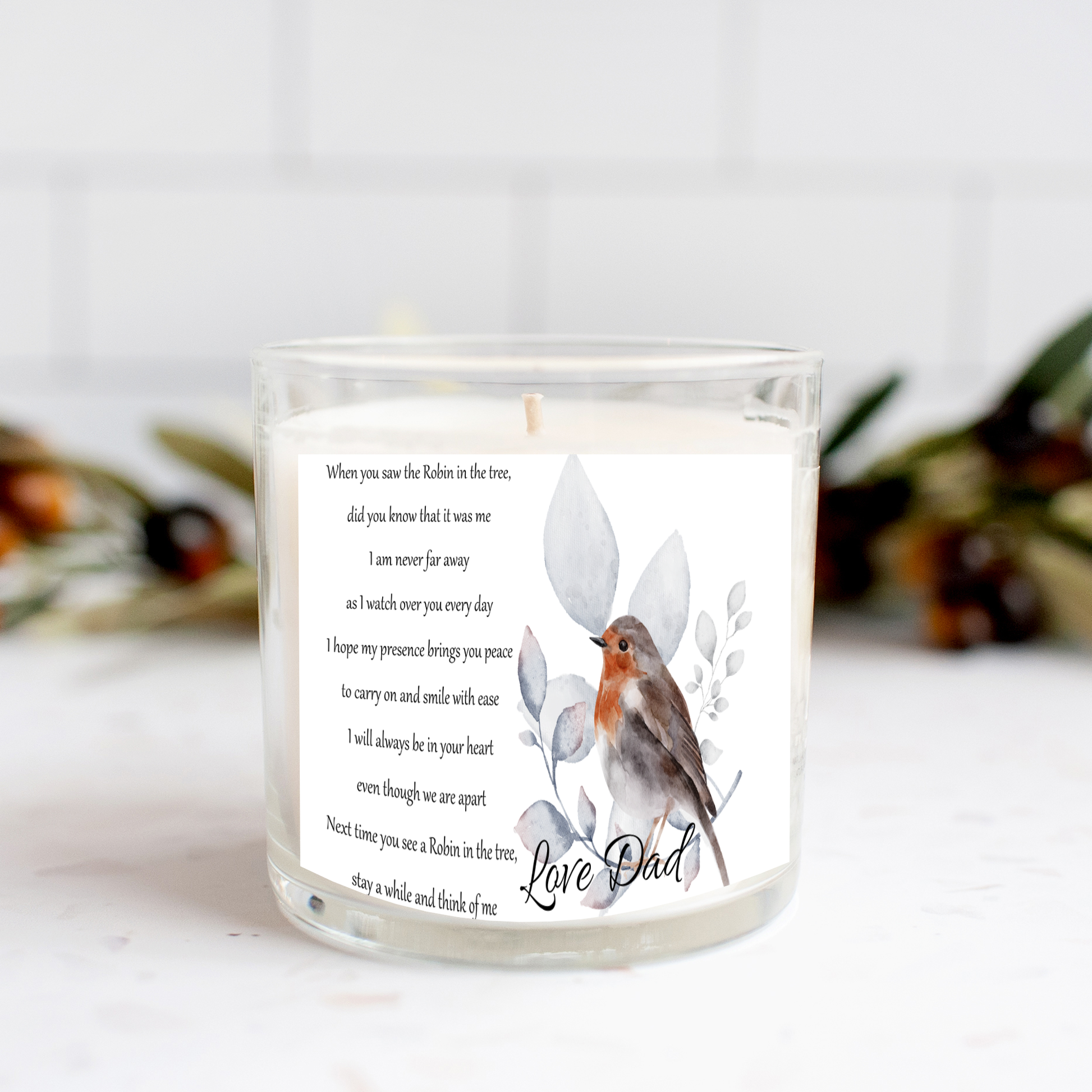 Christmas Day Memorial Candle, Robin Poem, Loved one Candle, Gift in Memory of Dad, Remembrance gift, Memory Gift - Bijoux Lucy