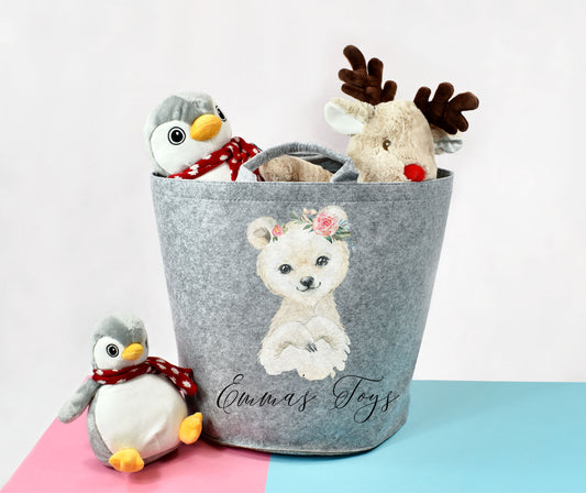 Personalised Kids Toy Storage Basket, Children's Toy Storage Basket, Felt Animal Print Storage Basket, Personalised Christmas Gift for kids - Bijoux Lucy