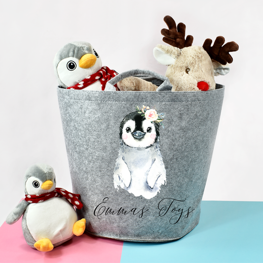 Personalised Kids Toy Storage Basket, Children's Toy Storage Basket, Felt Penguin Animal Print Storage Basket, Personalised Christmas Gift for kids - Bijoux Lucy