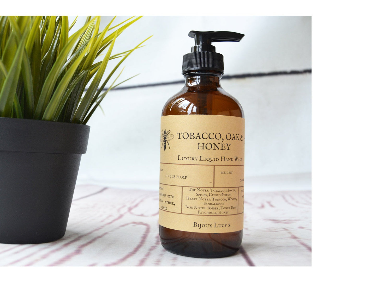 Liquid Hand Soap, Tobacco Oak and Honey, Liquid Hand Wash, Hand Sanitizer, Eco Friendly, Glass Bottle, Pump Bottle - Bijoux Lucy