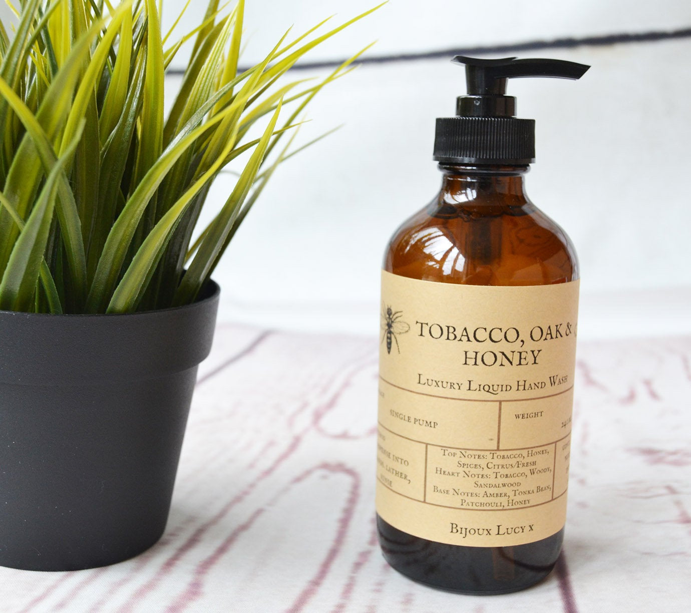 Luxury Hand Wash, Tobacco Oak and Honey, Liquid Hand Wash, Hand Sanitizer, Eco Friendly, Glass Bottle, Pump Bottle - Bijoux Lucy