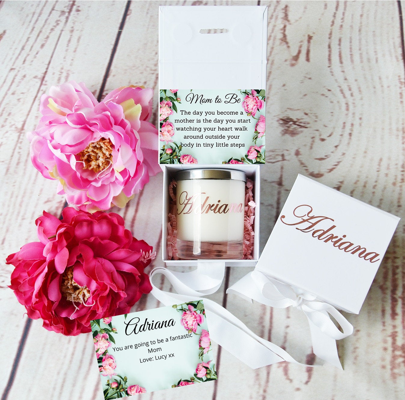 First Pregnancy gift. Gift for Friends. Gifts for expectant mother. Gift Box with Ribbon. Personalised Candle, Luxury Candle, Custom Candle - Bijoux Lucy