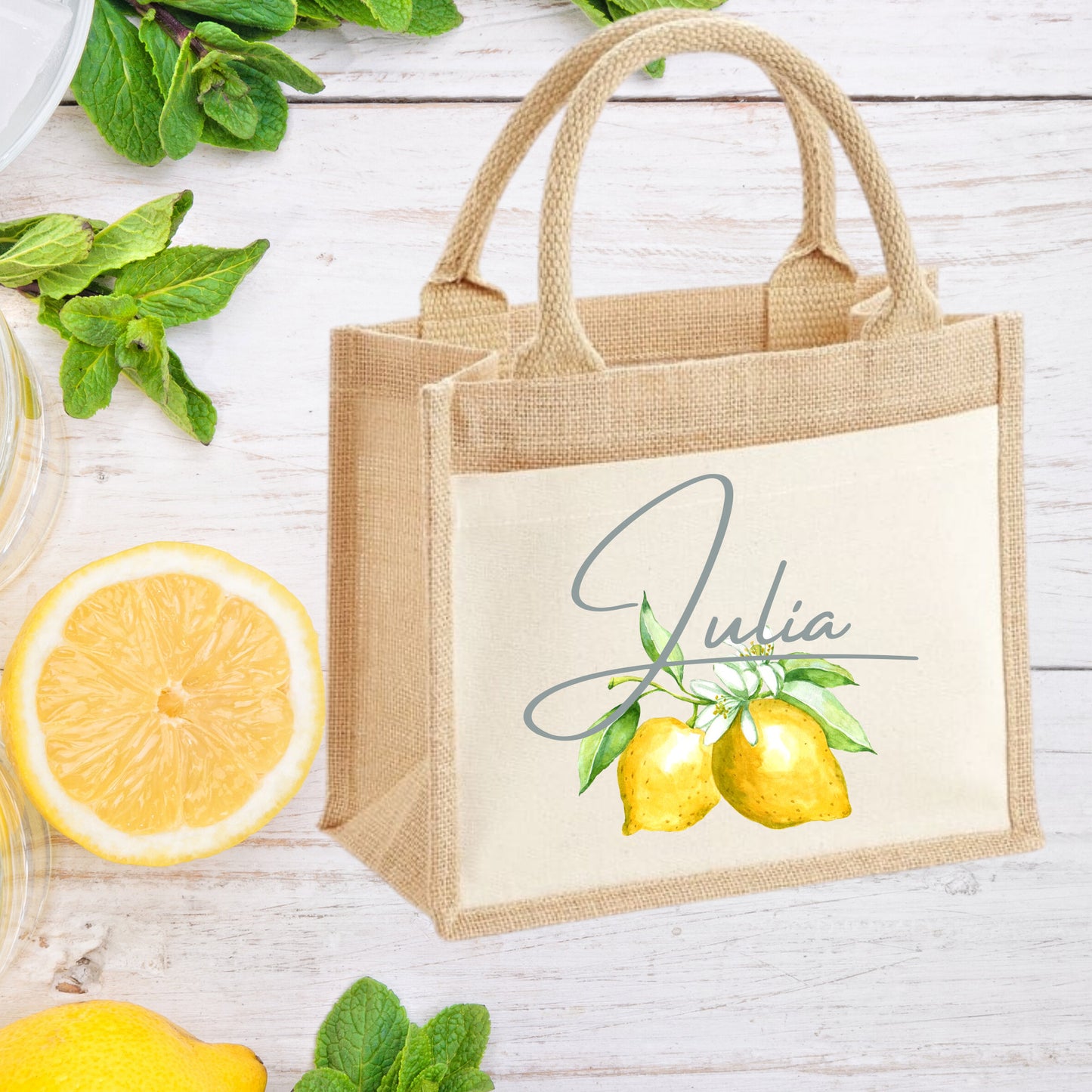 Personalised Holiday Jute Bag, Personalised Lemon Print Tote Bag, Luxury Holiday Gifts, Gifts for Her, Mother's Day Bag, Custom Tote Bag - Bijoux Lucy