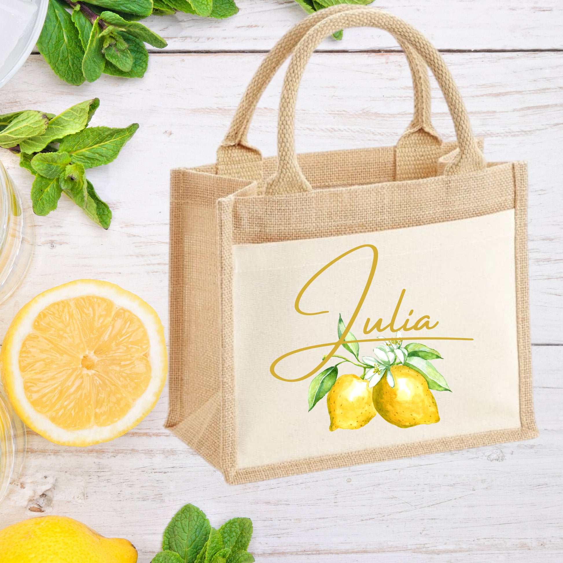 Personalised Holiday Jute Bag, Personalised Lemon Print Tote Bag, Luxury Holiday Gifts, Gifts for Her, Mother's Day Bag, Custom Tote Bag - Bijoux Lucy