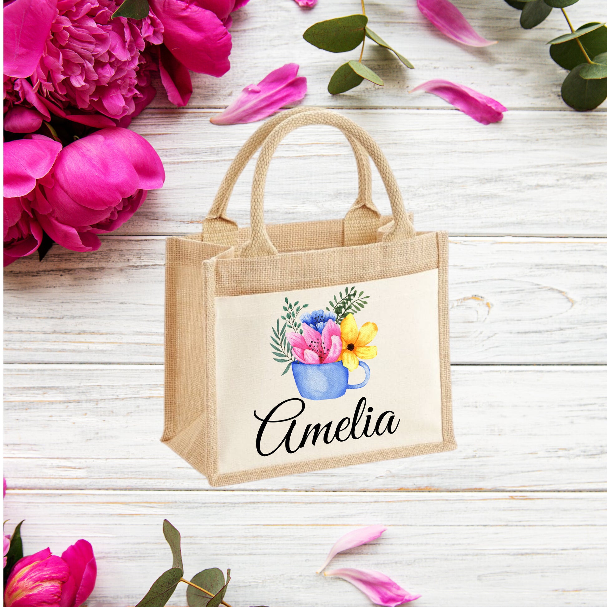 Personalised Holiday Jute Bag, Personalised Floral Print Tote Bag, Luxury Holiday Gifts, Gifts for Her, Mother's Day Bag, Custom Tote Bag - Bijoux Lucy