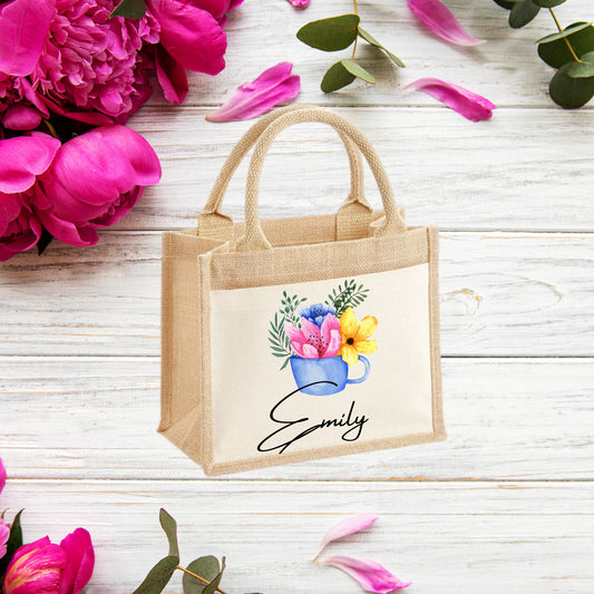Personalised Holiday Jute Bag, Personalised Floral Print Tote Bag, Luxury Holiday Gifts, Gifts for Her, Mother's Day Bag, Custom Tote Bag - Bijoux Lucy