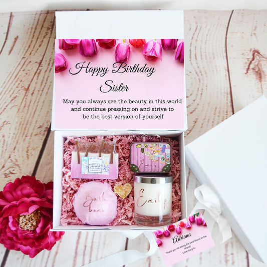 Personalised Happy Birthday Gift Box Filled, Sister Gift Box, Beauty Filled Gift Boxes, Thinking of You Sister Gift, Happy Birthday Sister - Bijoux Lucy