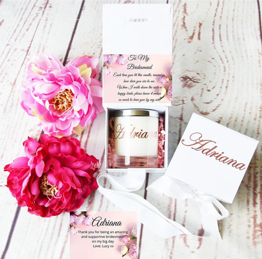Personalised Bridesmaid Candle. Gift for Friends. Thank you bridesmaid. Gift Box with Ribbon. Personalised Gift. Maid of Honour gift, Custom - Bijoux Lucy