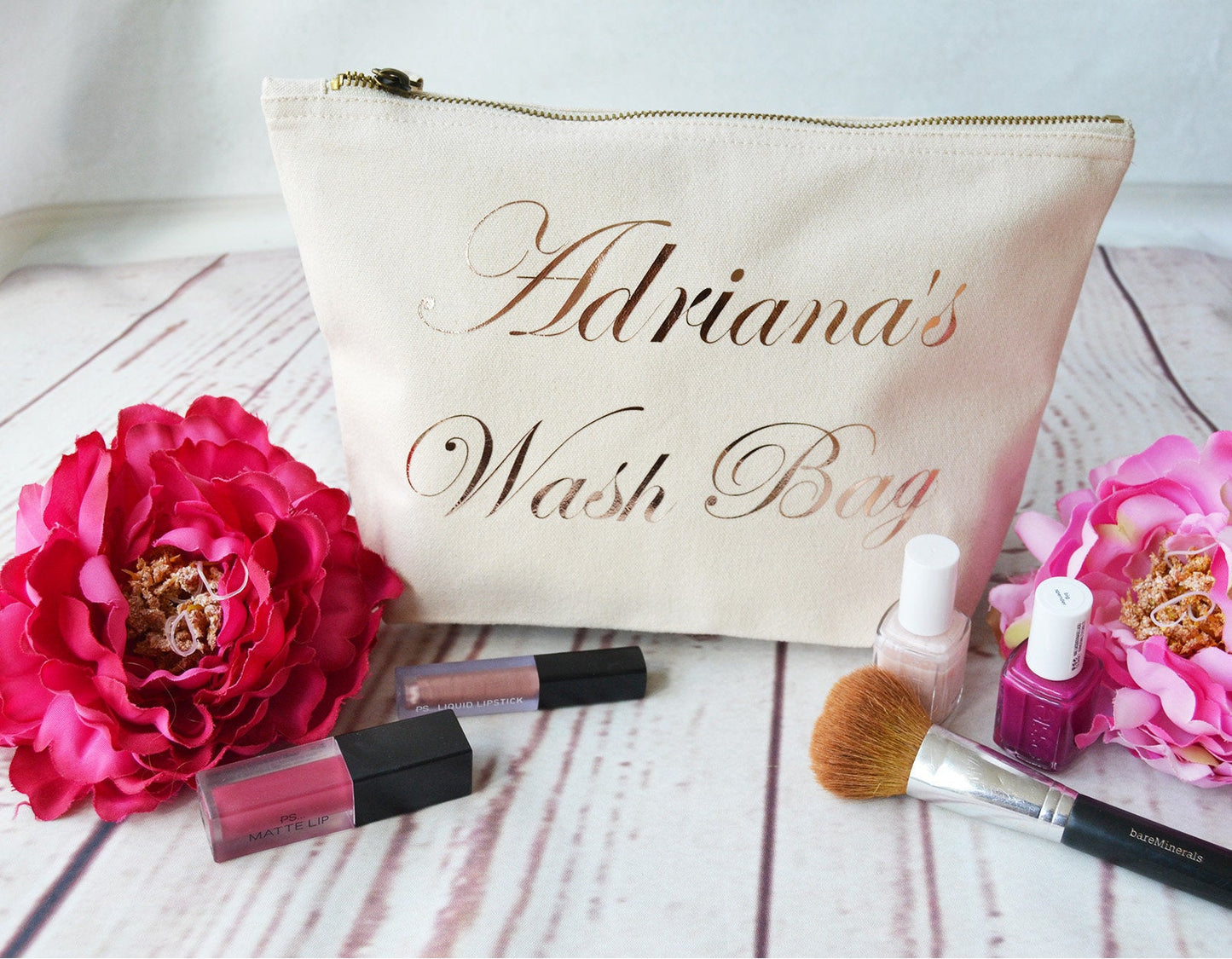 Personalised Cosmetics Bag, Wash bag for Woman, Wash bag personalised Woman, Wash bag Girl, Wash bag with zip, Cotton Wash bag, Rose Gold - Bijoux Lucy