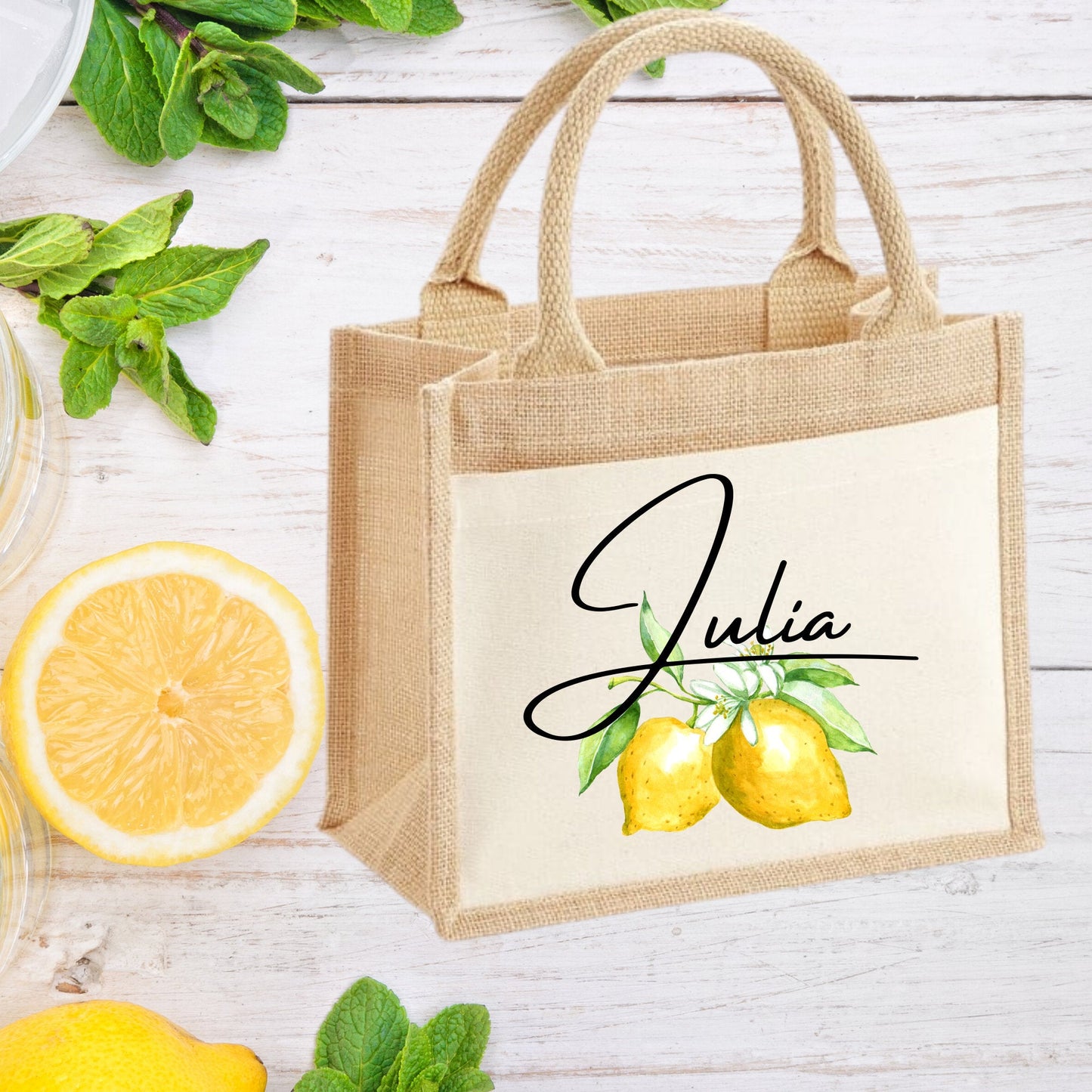 Personalised Holiday Jute Bag, Personalised Lemon Print Tote Bag, Luxury Holiday Gifts, Gifts for Her, Mother's Day Bag, Custom Tote Bag - Bijoux Lucy