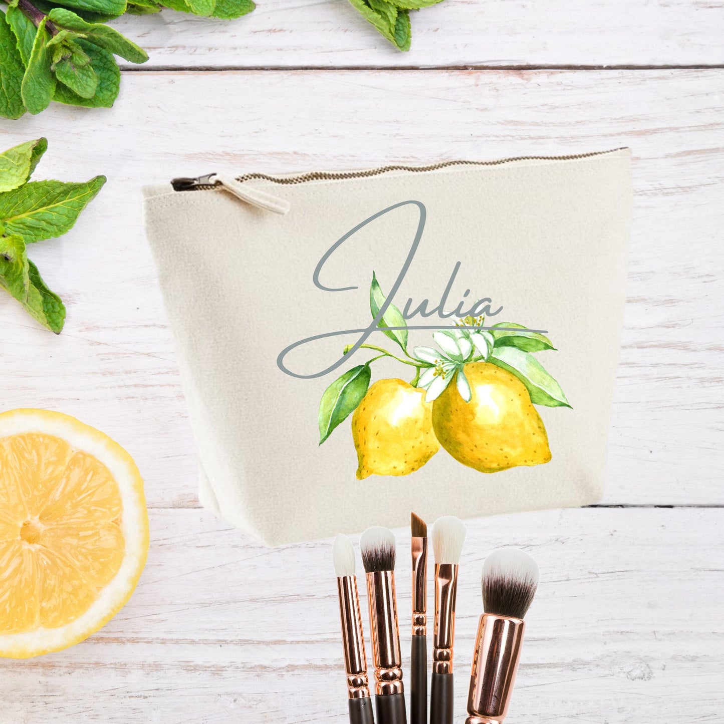 Personalized Lemon Bridesmaid Pouch Makeup Bag Bridesmaid Cosmetic Bag Makeup Organizer Toiletry Bag Gold Bridesmaid Bag Canvas Pouch,Amalfi - Bijoux Lucy