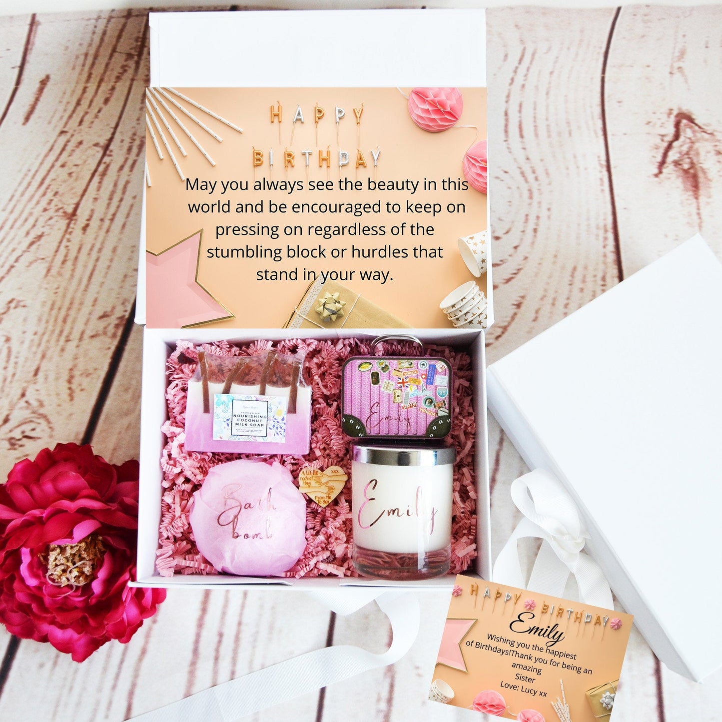 Personalised Happy Birthday Gift Box Filled, Rose Gold Best Friend Gift Box, Beauty Filled Gift Boxes, Thinking of You, Happy Birthday - Bijoux Lucy
